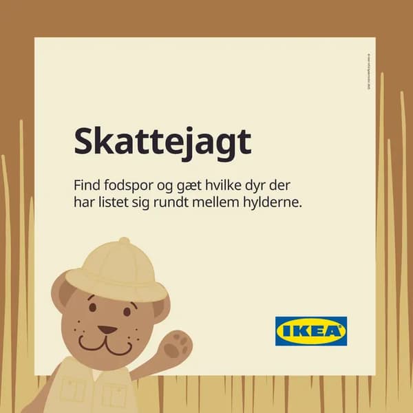 Fabler Björn har safari tøj på og stikker hovedet op igennem en ramme med et tekstfelt, der beskriver aktiviteten.