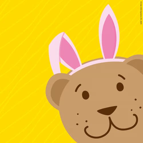 Fabler Björn på med lyserøde kaninører på en gul baggrund