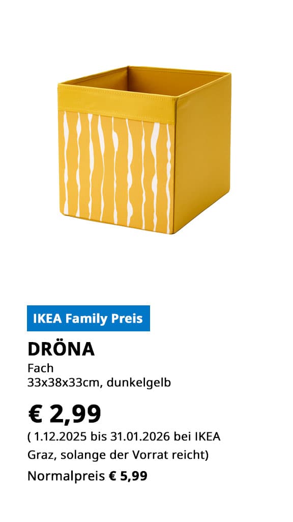 Fach Dröna, 33x38x33cm, in dunkeelgelb, statt € 5,99 zum IKEA Family Preis von € 2,99.
