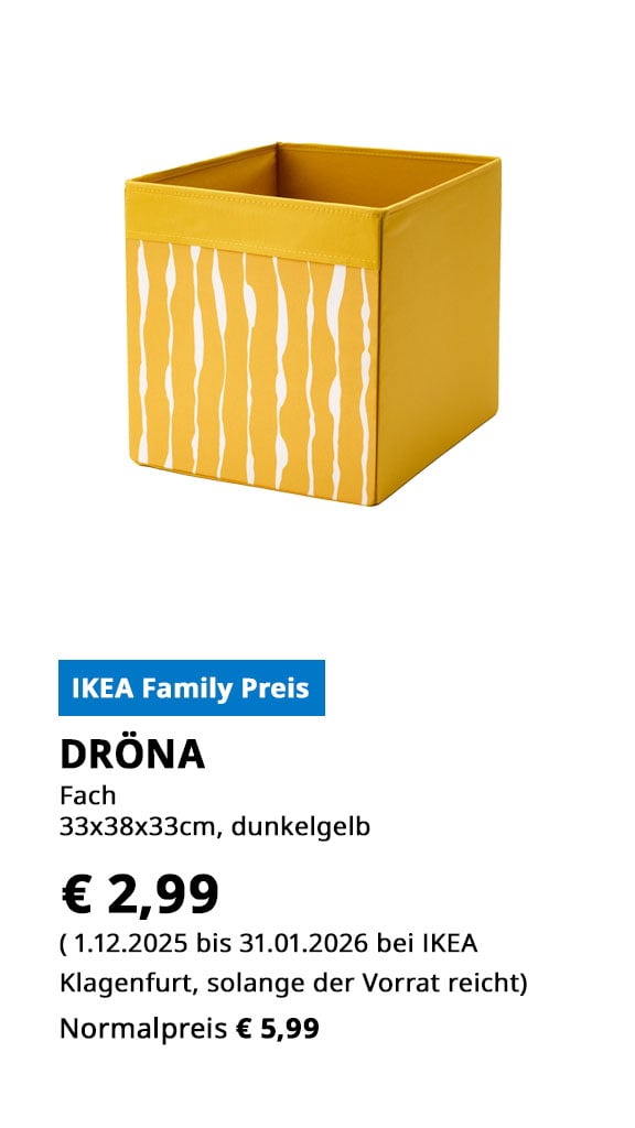 Fach Dröna, 33x38x33cm, in dunkelgelb, statt € 5,99 zum IKEA Family Preis von € 2,99.