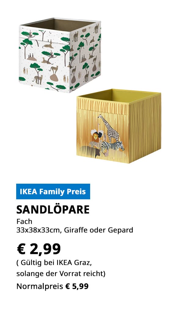Fach SANDLÖPARE, 33x38x33cm, Giraffe oder Gepard, statt € 5,99 zum IKEA Family PReis von € 2,99.
