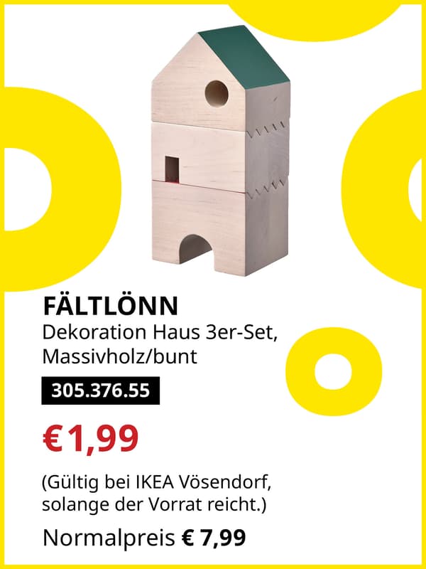 FÄLTLÖNN Dekoration Haus 3er-Set, Massivholz/buntstatt € 7,99 zum IKEA Frühlingsangebots-Preis von € 1,99