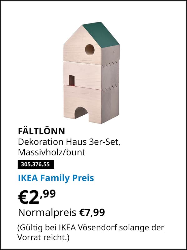 FÄLTLÖNN Dekoration Haus 3er-Set, Massivholz/buntstatt € 7,99 zum IKEA Family Preis von € 2,99