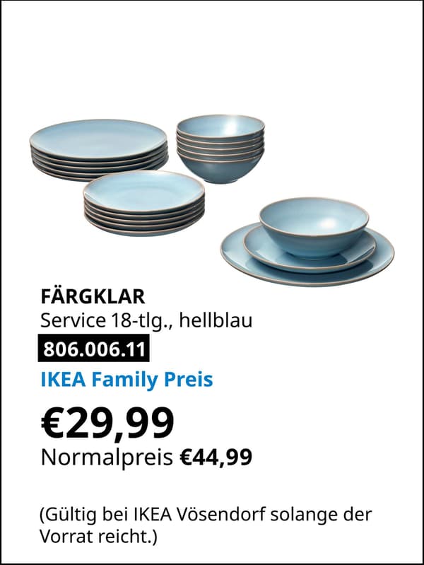 FÄRGKLAR Service 18-teilig, hellblau statt € 44,99 zum IKEA Family Preis von € 29,99