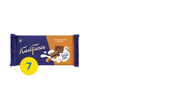 FAZER
Mléčná čokoláda, křupavé kousky slaného karamelu, 145 g