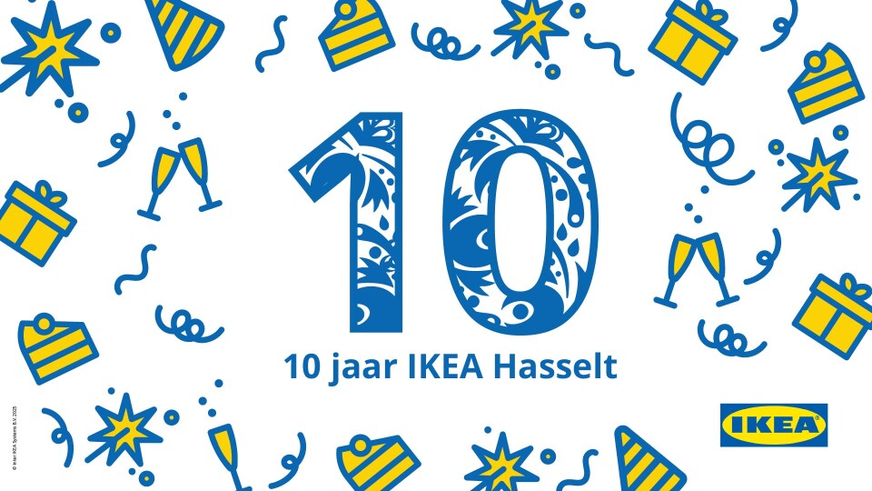 Feestelijke afbeelding met de tekst 10 jaar IKEA Hasselt