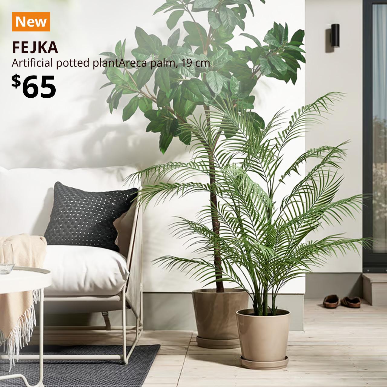 FEJKA arecia palm, artificial plant in pot, $65.