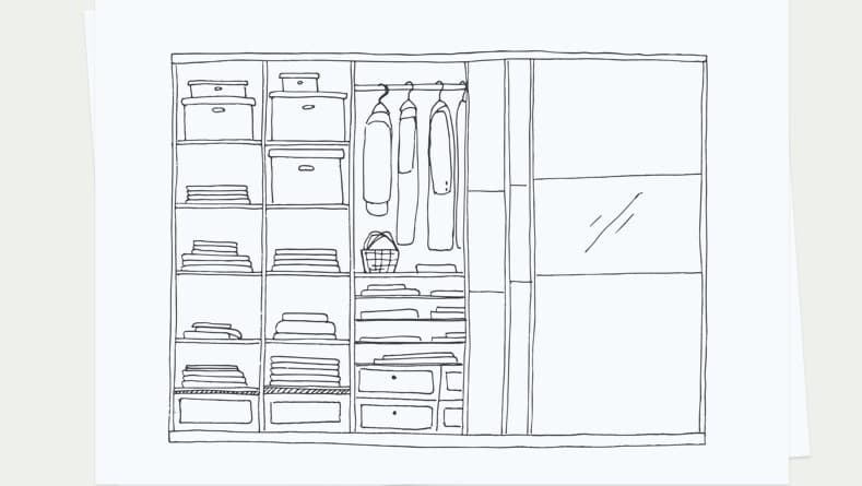 Fekete-fehér rajz egy szekrényről polcokkal, fiókokkal, ruhafogasokkal és tolóajtókkal.