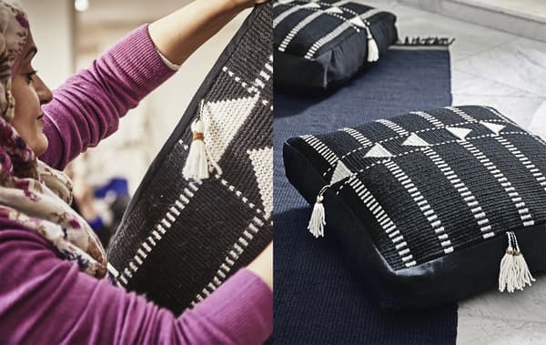 Femme soulevant un coussin noir et blanc et gros plan d’un coussin de sol noir et blanc.