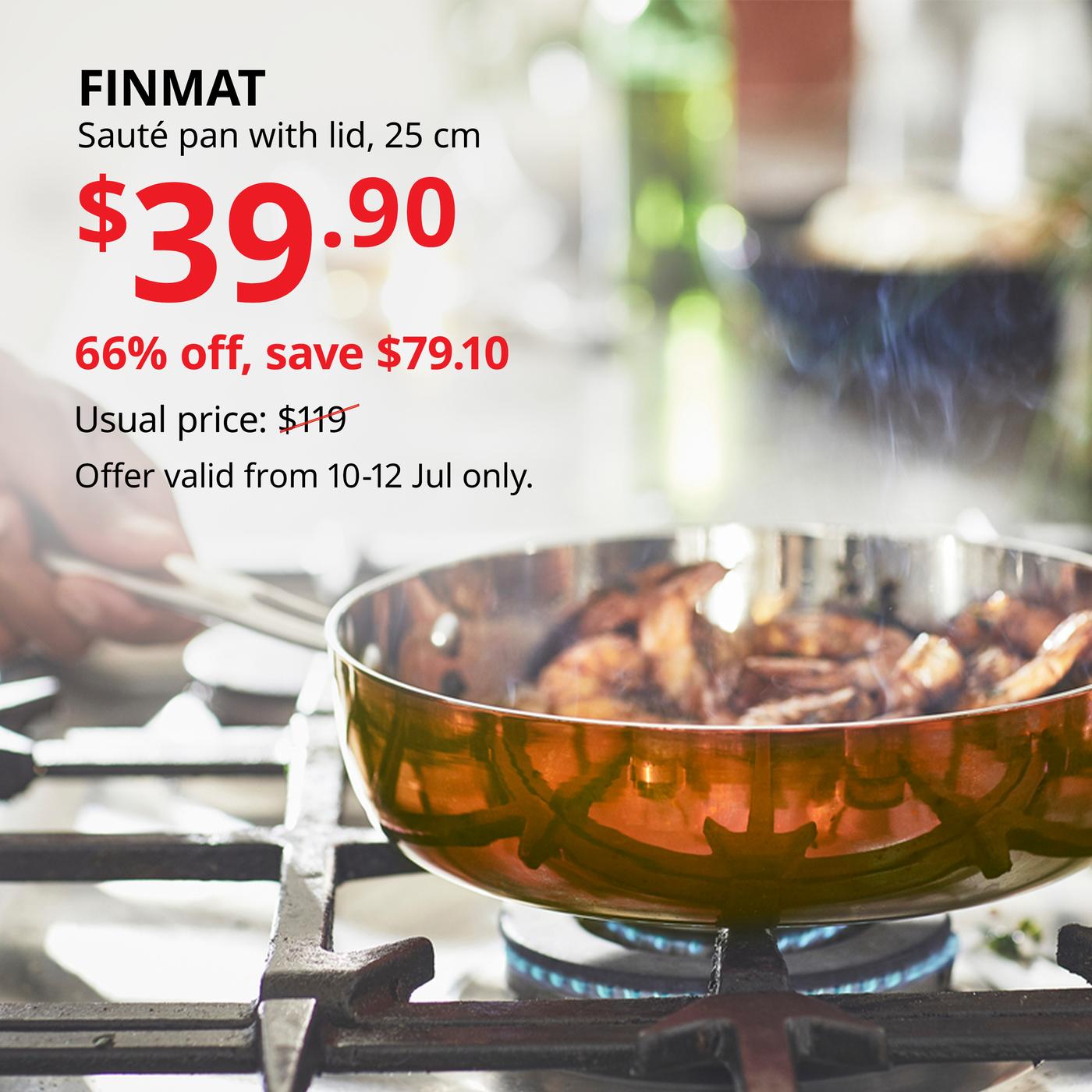 FINMAT sauté pan cooking food on a stovetop in a bright kitchen setting.