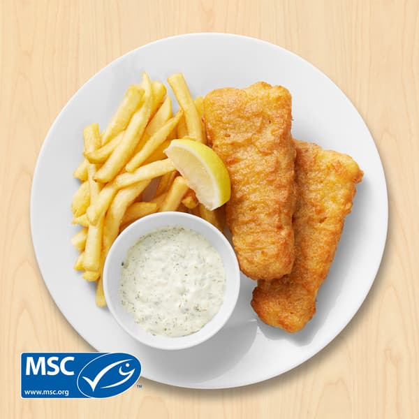 Fish & chips
2 stk. paneret kulmule med pommes frites, tatarsauce og citron

99.-

Stillehavskulmule fra et bæredygtigt, MSC-certificeret fiskeri. www.msc.org MSC-C-54628