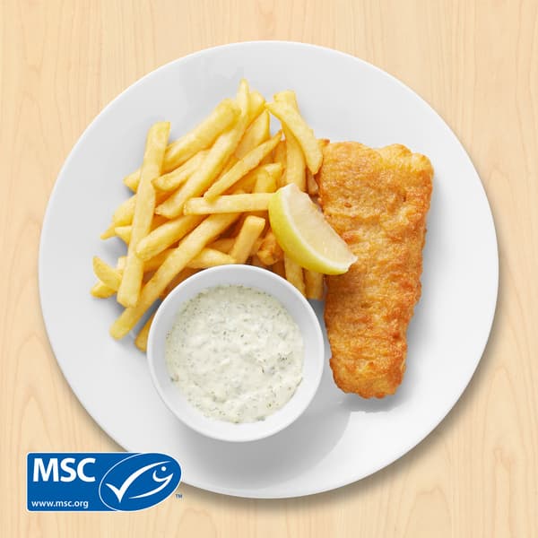 Fish & chips
Paneret kulmule med pommes frites, tatarsauce og citron

79.-

Stillehavskulmule fra et bæredygtigt, MSC-certificeret fiskeri. www.msc.org MSC-C-54628