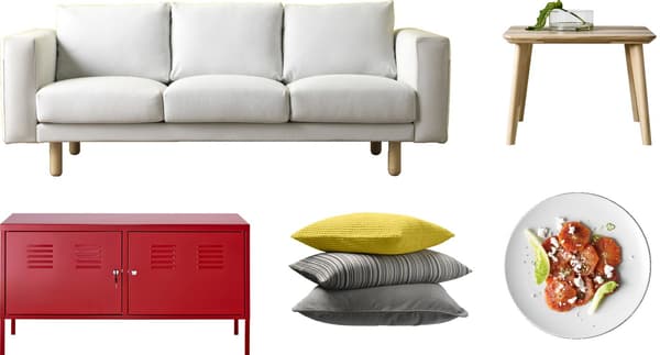 Five different IKEA products, including a sofa, a table, a safe, cushions and food that showcase our design principles.