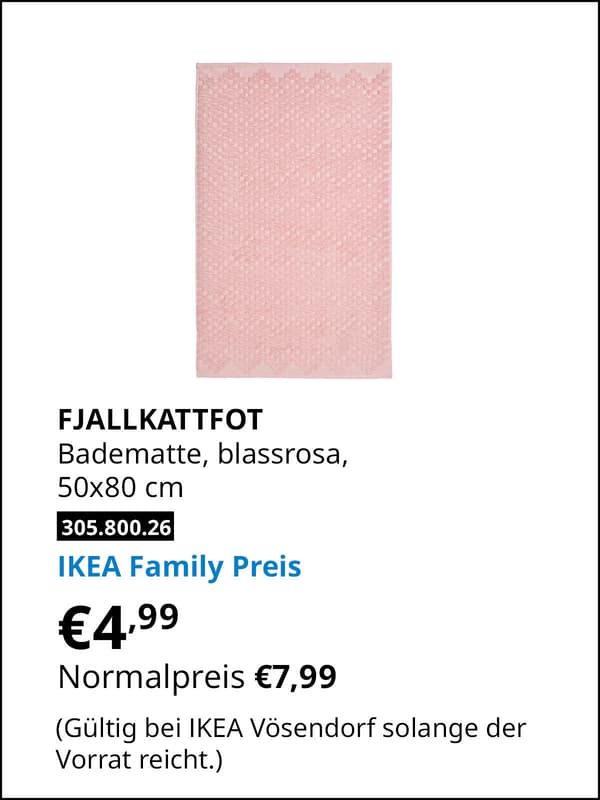 FJÄLLKATTFOT Badematte, blassrosa, 50x80 cm statt € 7,99 zum IKEA Family Preis von € 4,99