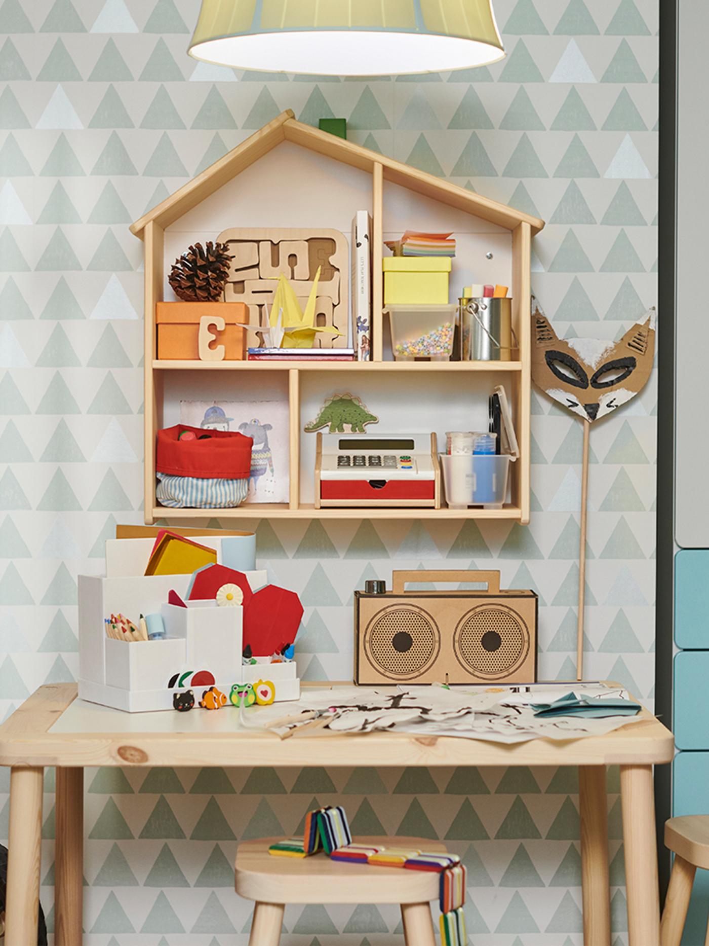 FLISAT wooden children's table and wooden house hanging on the wall