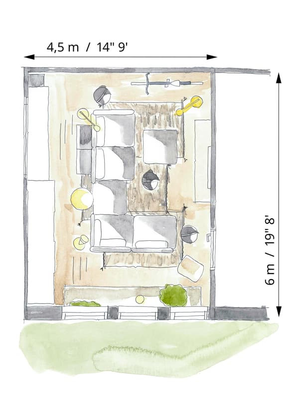 Floorplan sketch of a one-room apartment, which shows the layout of a large VALLENTUNA modular sofa for living/sleeping.