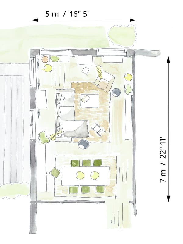 Floorplan sketch to show the furniture layout in an open-plan living/dining room shared by a family with children.