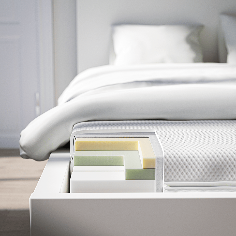 Fodenden af ​​en seng, med hjørnet af skummadrassen skåret ud for at vise lagene indeni.