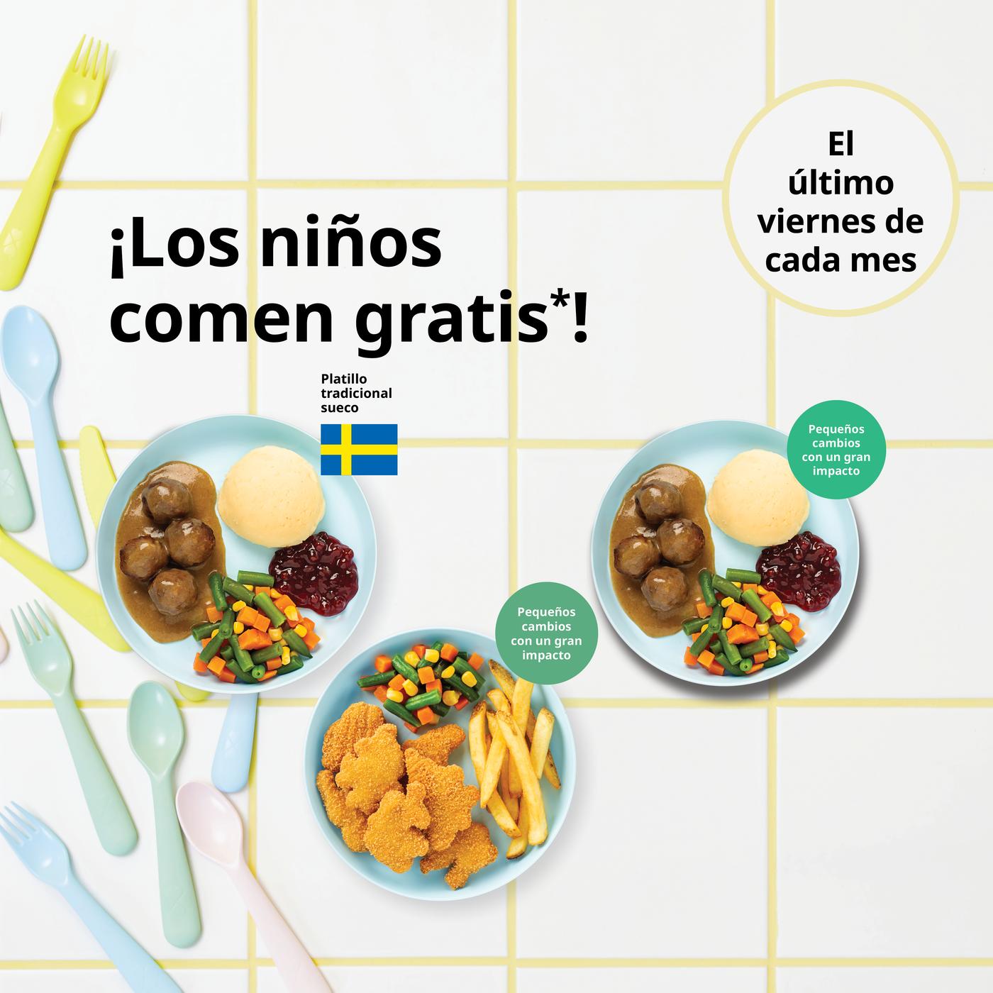 Fondo cuadriculado de color amarillo, con cucharas de colores. Platillos para niños de albóndigas y nuggets.
