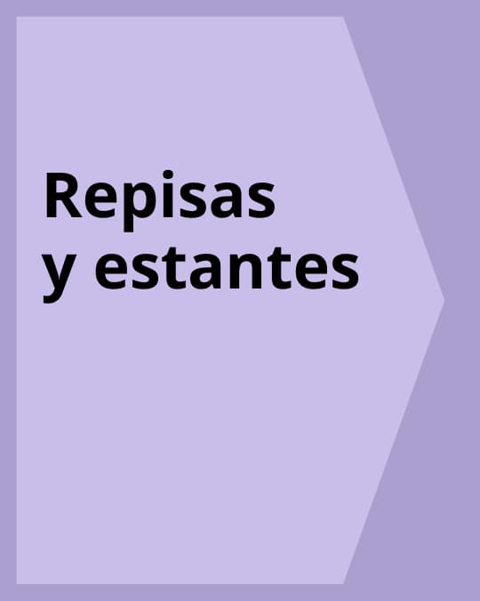 Fondo lila con un bloque geométrico y el texto “Repisas y estantes” en color negro.