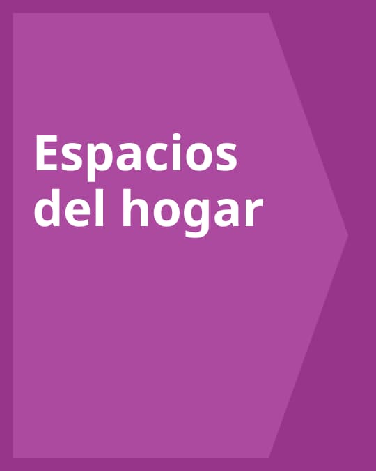 Fondo morado con figura geométrica y el texto “Espacios del hogar” en el centro.