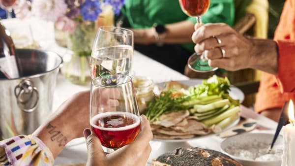 Food celebration with individuals holding lgasses filled eith Swedish non-alcoholic beverages