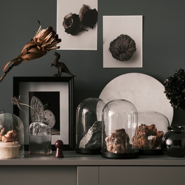 Forskjellige steiner i SKÖNJA glasskupler på et grått HAUGA vitrineskap, ved siden av en blomst i en glassvase.