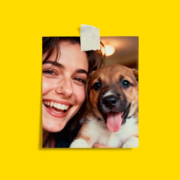 Foto av en glad valp med tungan ute, tillsammans med en kvinna som ler, tejpat mot gul yta.
