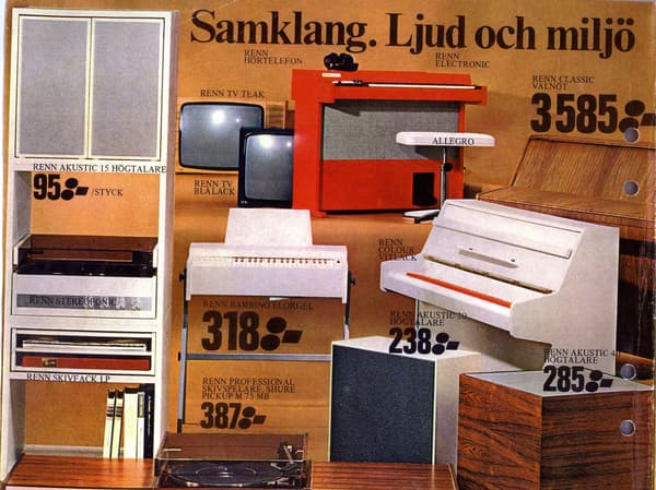 Foto av många musikmöbler från gammal IKEA katalog.
