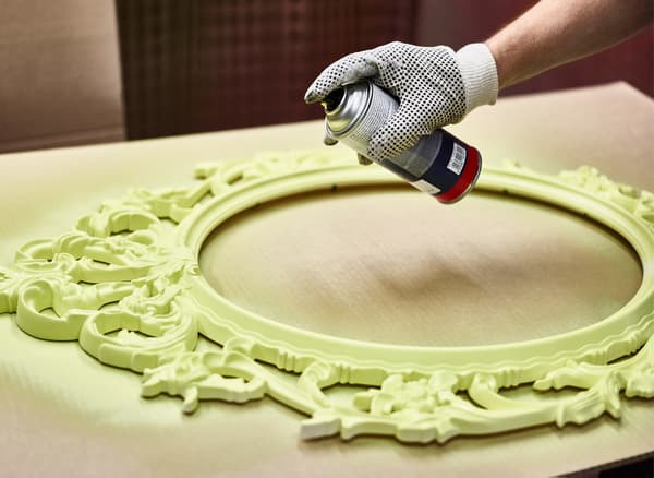 Fotografia que mostra el procés de pintar amb esprai de color verd clar un enrevessat marc UNG DRILL.
