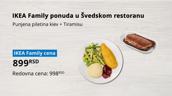 Fotografija IKEA Family ponude u Švedskom restoranu. Na slici se nalaze: Punjena piletina kiev + Tiramisu