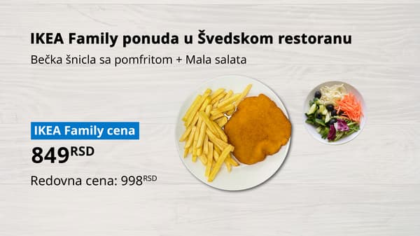 Fotografija IKEA Family ponude u Švedskom restoranu. Na slici se nalaze: Bečka šnicla sa pomfritom + Mala salata