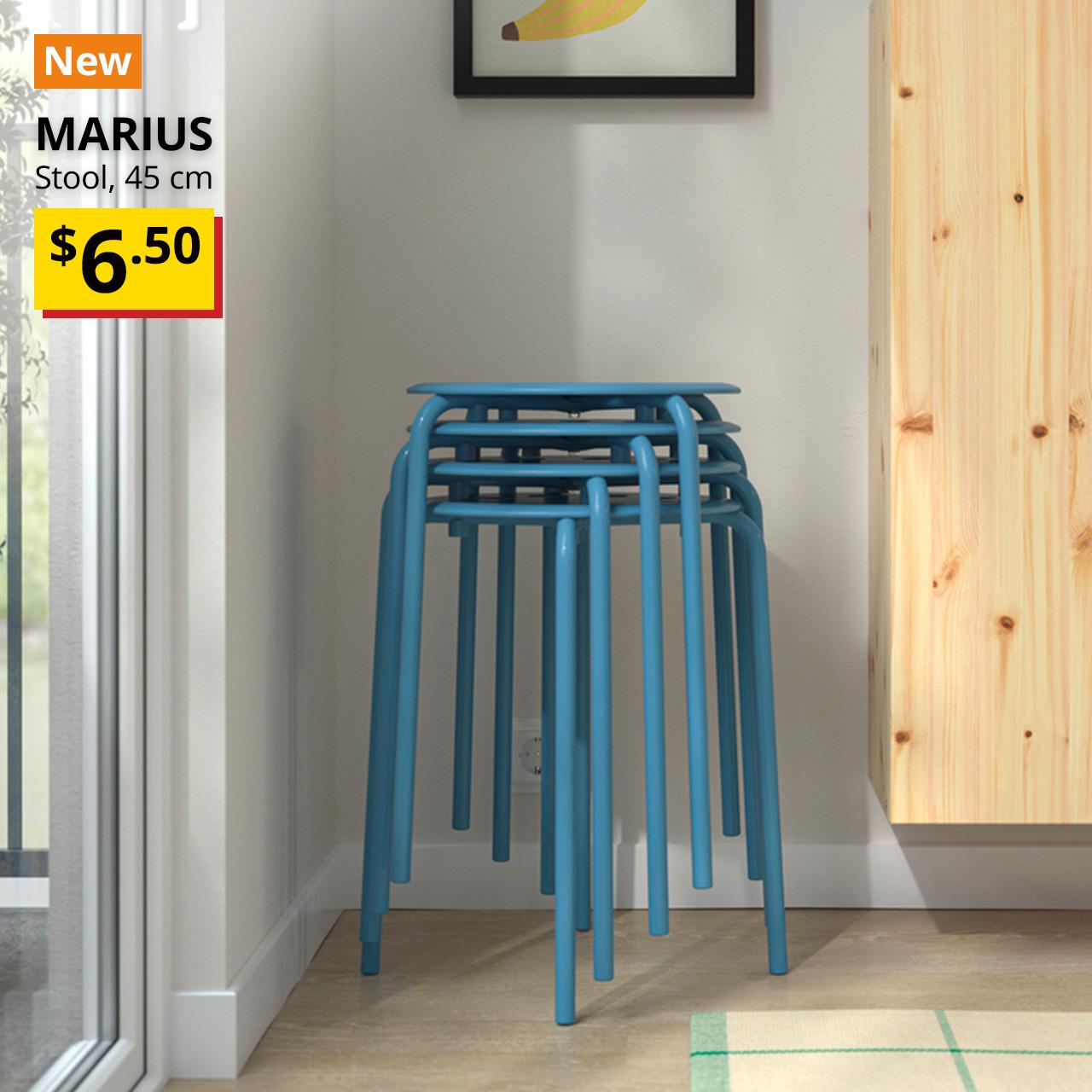 Four blue MARIUS stools is being stacked together and stored next to a IVAR shelving unit. A orange "New" label is on the top left of image, with black text below that reads: MARIUS, Stool, 45 cm, with BTI price of $6.50" 