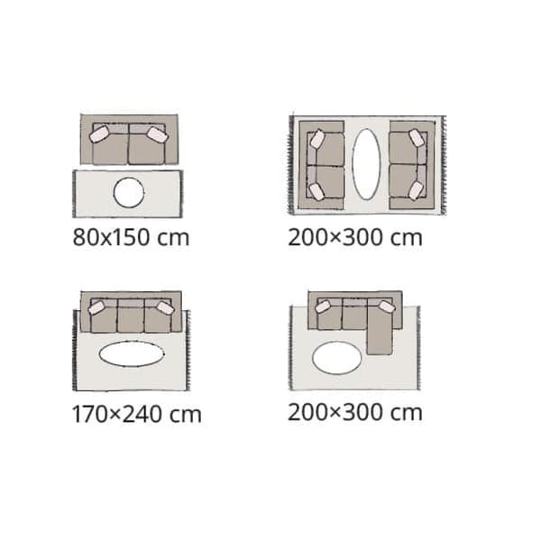 Four different arrangements of rugs and furniture are shown, each with dimensions in centimeters.