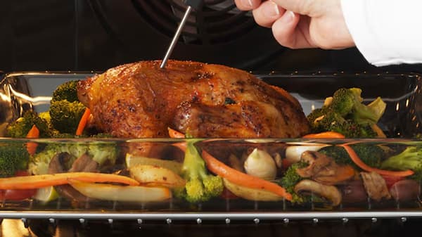 Four ouvert où l'on y voit un poulet grillé et des légumes
