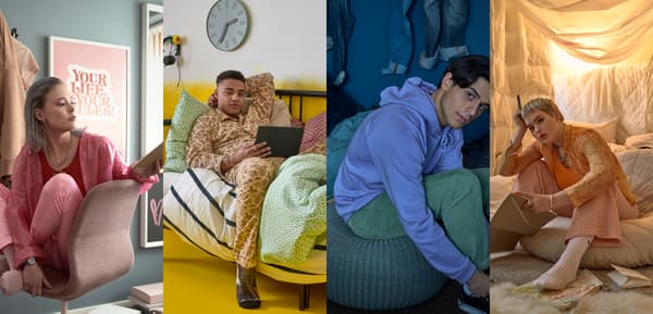 Four people sitting in dorm rooms on different seating options for studying.