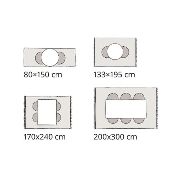 Four rectangular rugs of different sizes are shown, each with a specific arrangement of tables and chairs.