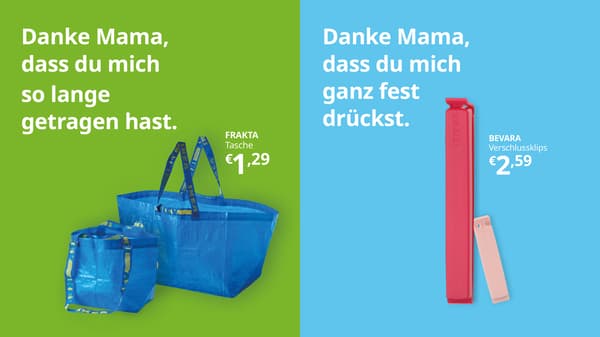 FRAKTA Tasche auf grünem Hintergrund mit Text. BEVARA Verschlussklip auf blauem Hintergrund mit Text.