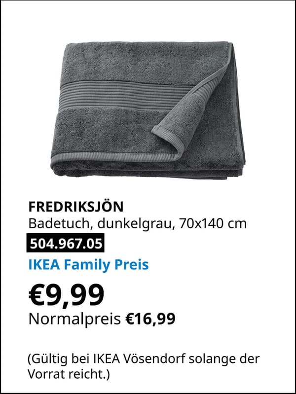 FREDRIKSJÖN Badetuch, dunkelgrau, 70x140 cm statt € 16,99 zum IKEA Family Preis von € 9,99