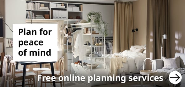 Free online planning service -Plan for peace of mind.PLATSA wardrobe and storage combinations in a modern open plan studio.