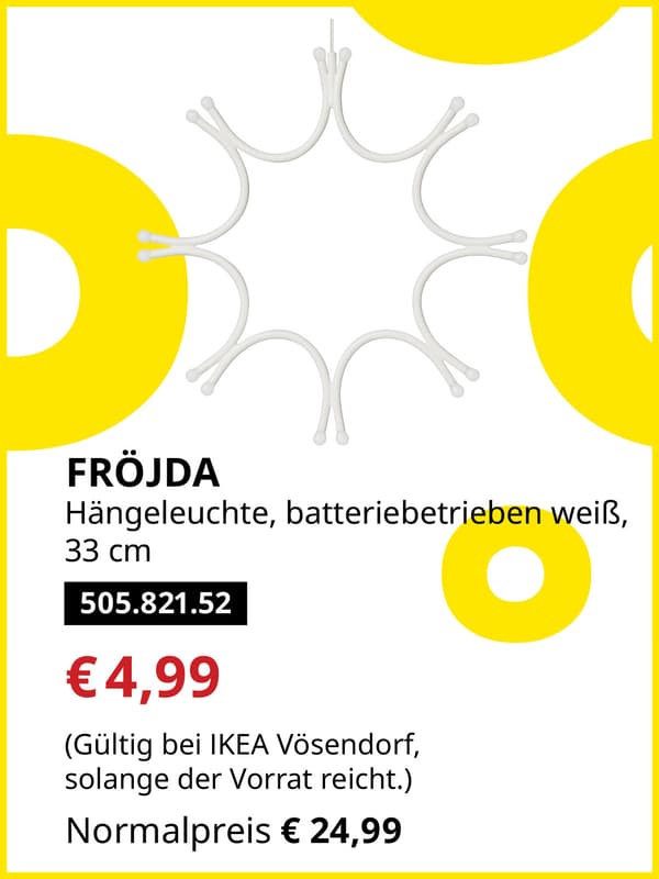 FRÖDJA Hängeleuchte batteriebetrieben weiß,  33cm statt € 24,99 zum IKEA Frühlingsangebots-Preis von € 4,99