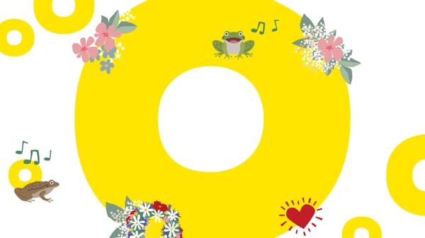 Frösche,Blumenkränze, Blumen und ein Herz auf gelben Donuts.