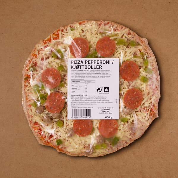 Frossen pepperoni pizza.