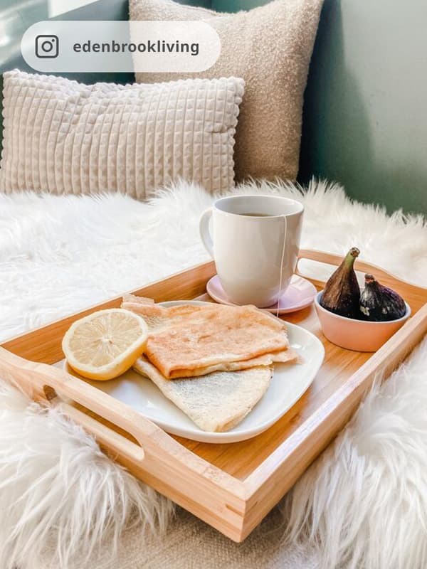 FRUKTSKAL tray on bed