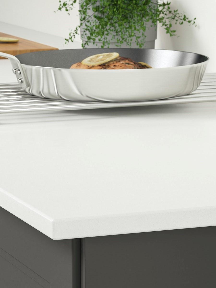 Frying pan on a trivet on top of a benchtop