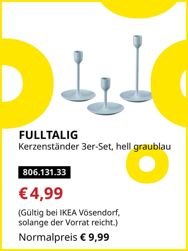 FULLTALIG Kerzenständer 3er-Set, hell graublau statt € 9,99 zum IKEA Frühlingsangebots-Preis von € 4,99