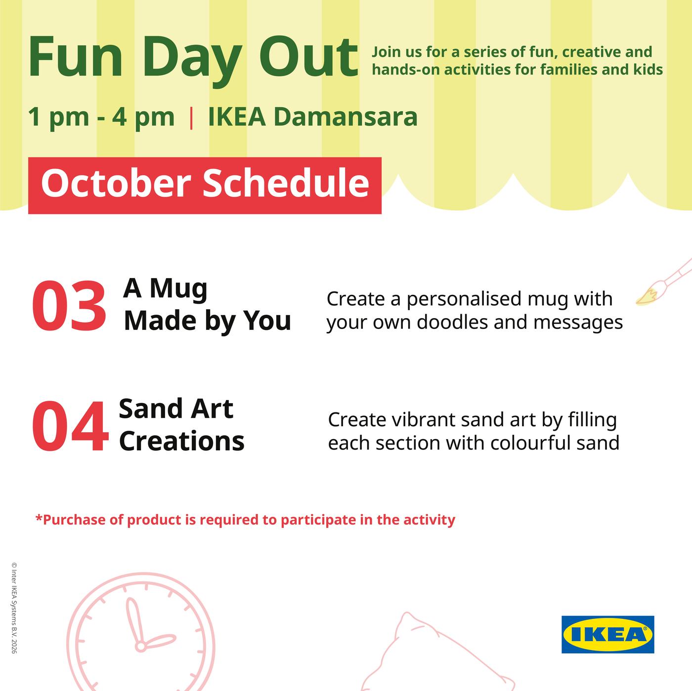 Fun Day Out October schedule at IKEA Damansara featuring A Mug Made by You on 3 October and Sand Art Creations on 4 October, from 1pm to 4pm.