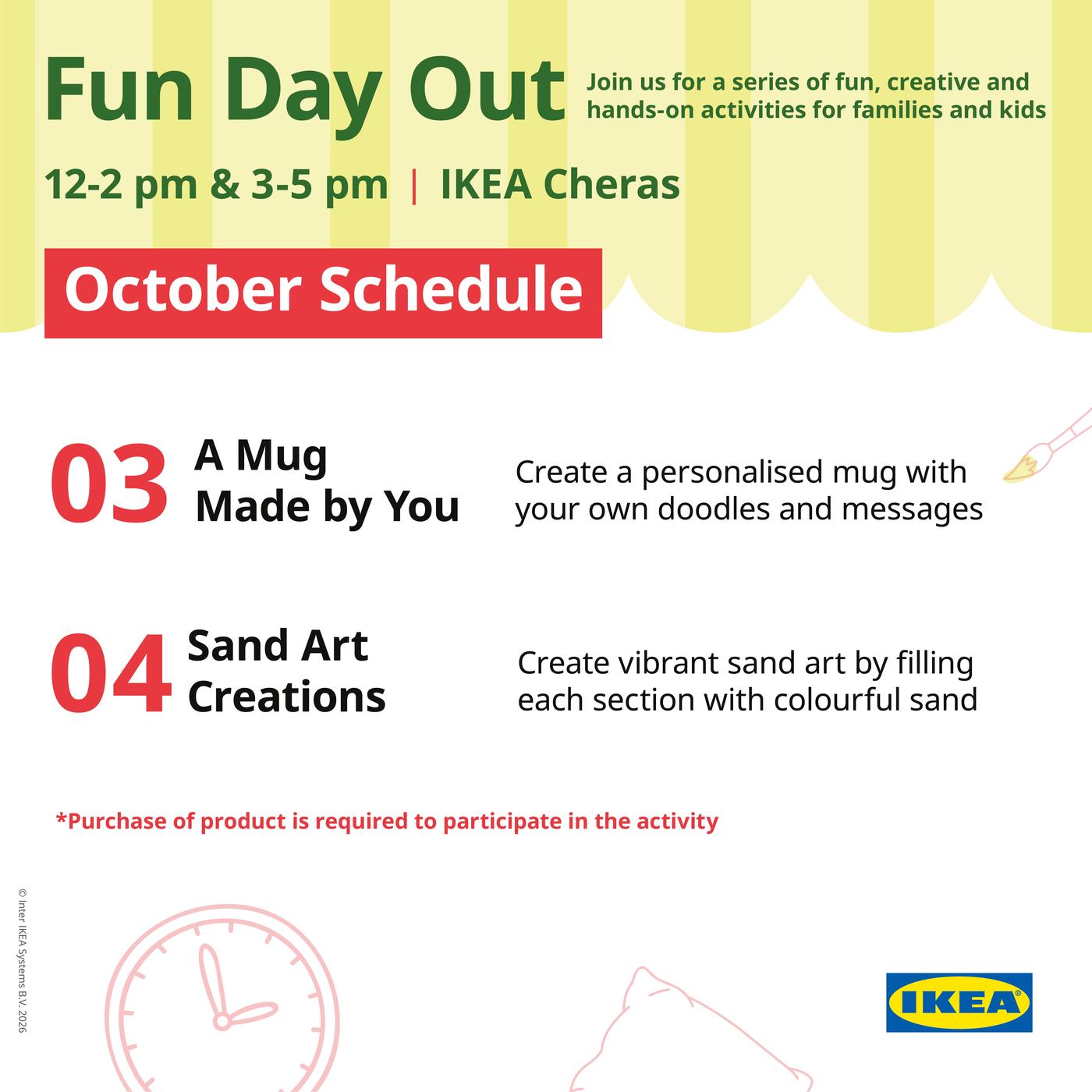 Fun Day Out October schedule at IKEA Damansara featuring A Mug Made by You on 3 October and Sand Art Creations on 4 October, from 12-2pm & 3-5pm.