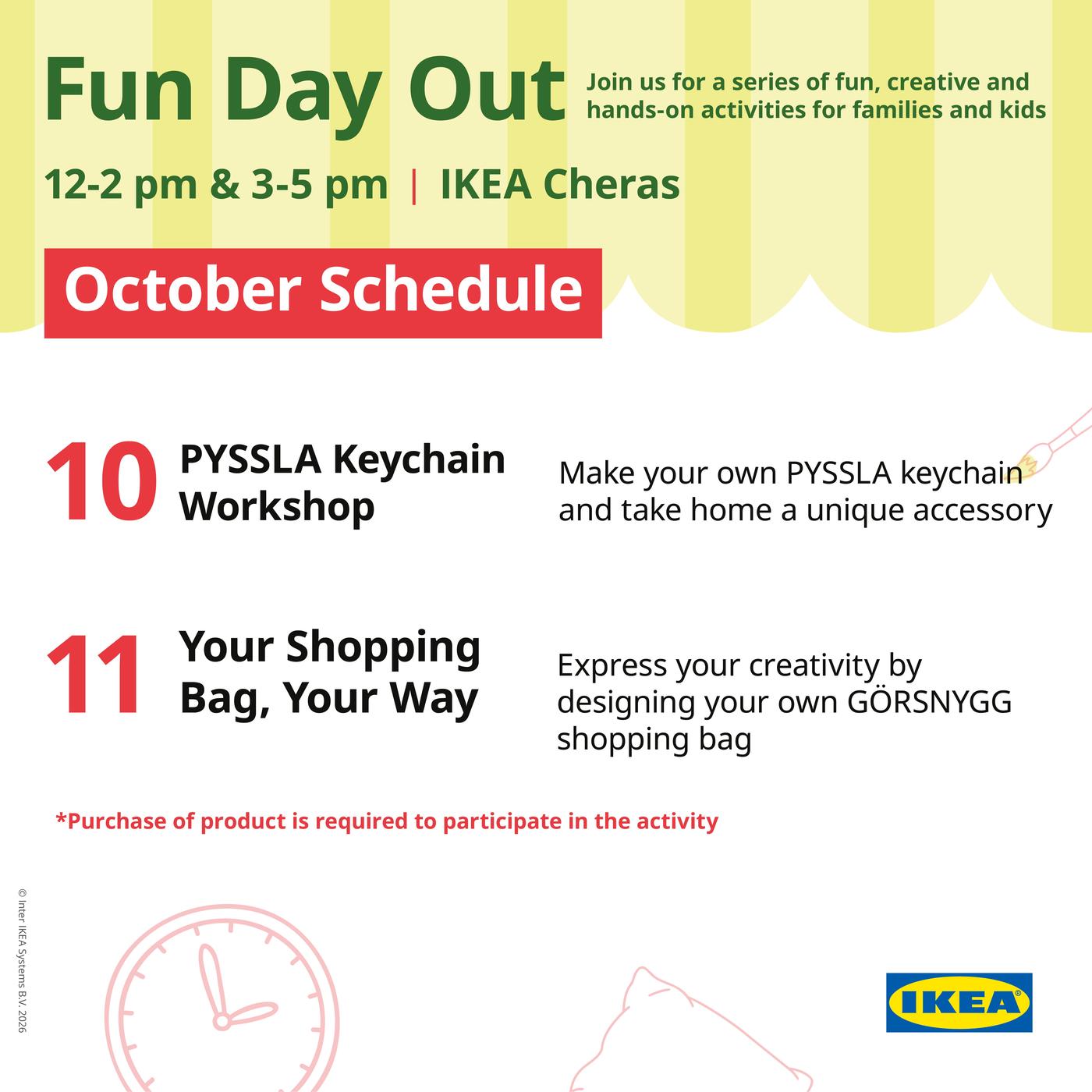 Fun Day Out October schedule at IKEA Damansara featuring a PYSSLA Keychain Workshop on 10 October and a custom GÖRSNYGG shopping bag activity on 11 October, from 12-2pm & 3-5pm.