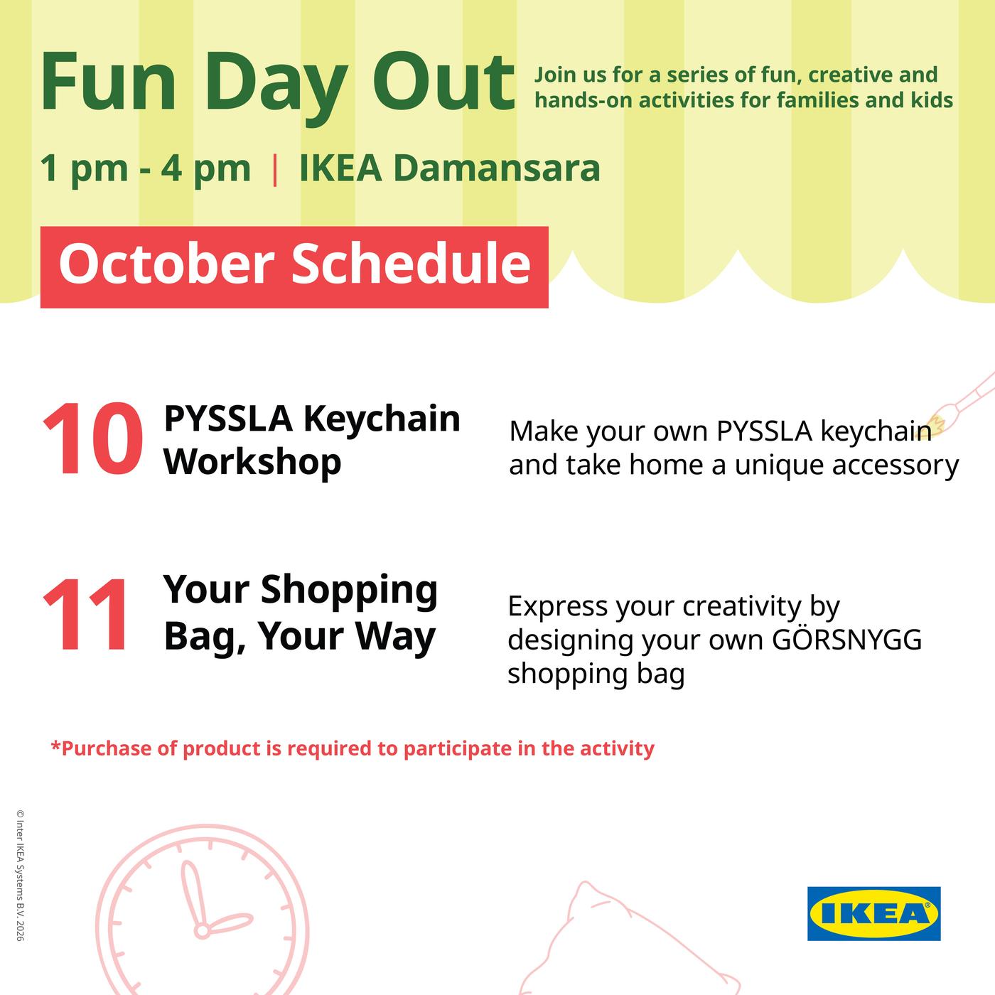 Fun Day Out October schedule at IKEA Damansara featuring a PYSSLA Keychain Workshop on 10 October and a custom GÖRSNYGG shopping bag activity on 11 October, from 1pm to 4pm.